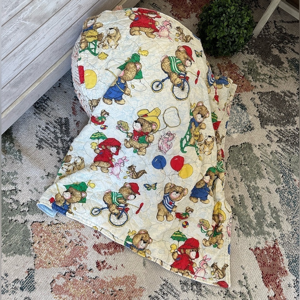 Vintage Quilted Bear ADORABLE Baby Blanket Colorful Teddy Bear Print Quilt